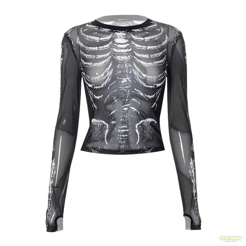 Gothic Punk Shirt 2000s Women Skeleton Pattern Round Neck Long Sleeve Crop Top Black Dark Academia Clothes y2k Tees Streetwear