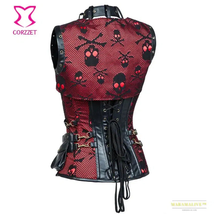 Gothic Punk Skull Pattern Steel Bone Corset - Red and Black - Plus-Size Bustier