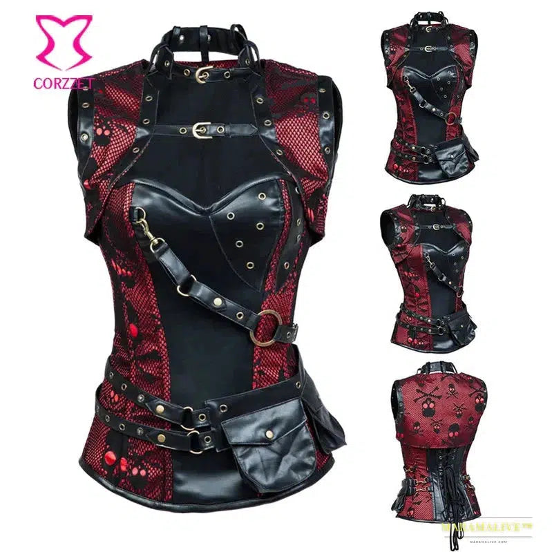 Gothic Punk Skull Pattern Steel Bone Corset - Red and Black - Plus-Size Bustier