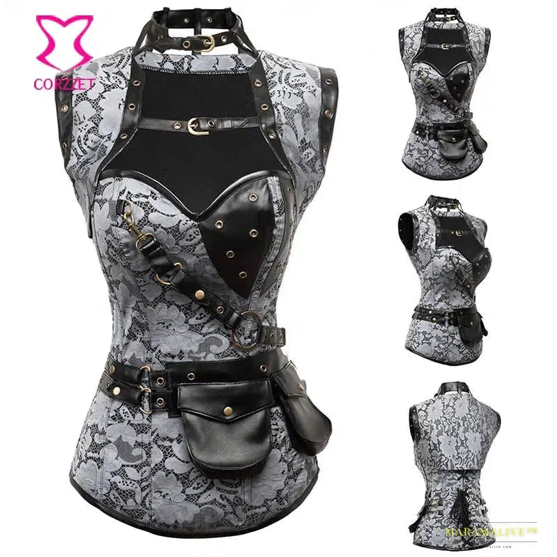 Gothic Punk Skull Pattern Steel Bone Corset - Red and Black - Plus-Size Bustier