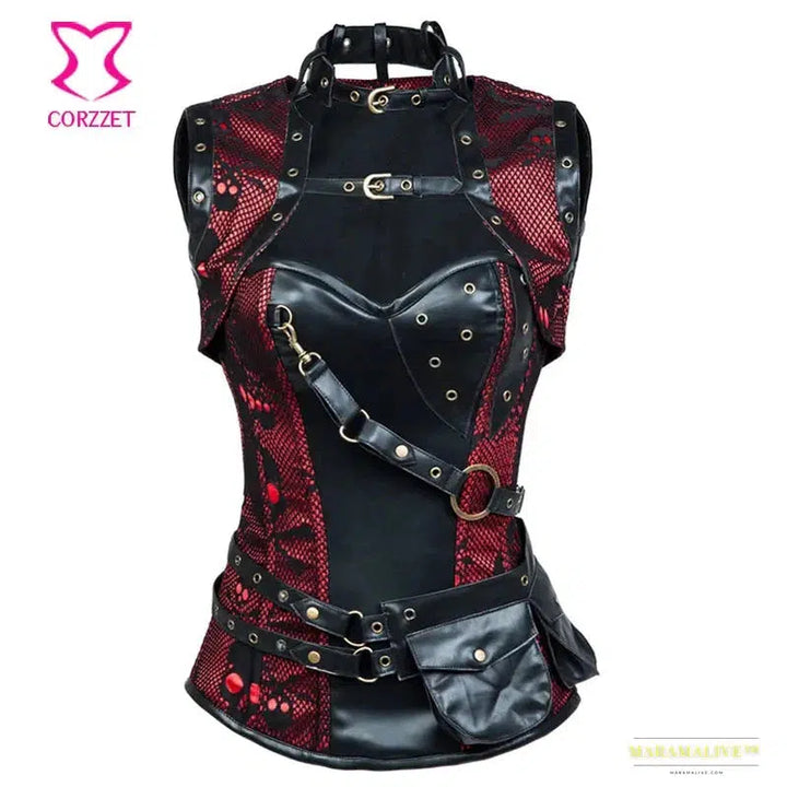 Gothic Punk Skull Pattern Steel Bone Corset - Red and Black - Plus-Size Bustier