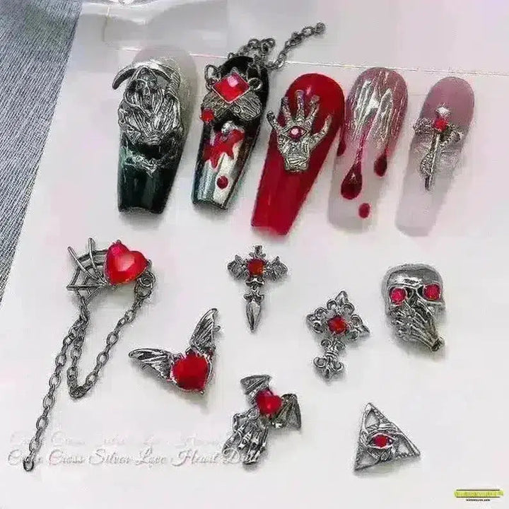 Gothic Punk Style 10PCS Alloy 3D Nail Charms - Heart, Skeleton, Cross, Spider Design - Spooky Halloween Nail Art Decorations