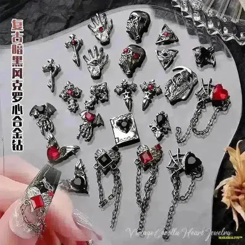 Gothic Punk Style 10PCS Alloy 3D Nail Charms - Heart, Skeleton, Cross, Spider Design - Spooky Halloween Nail Art Decorations