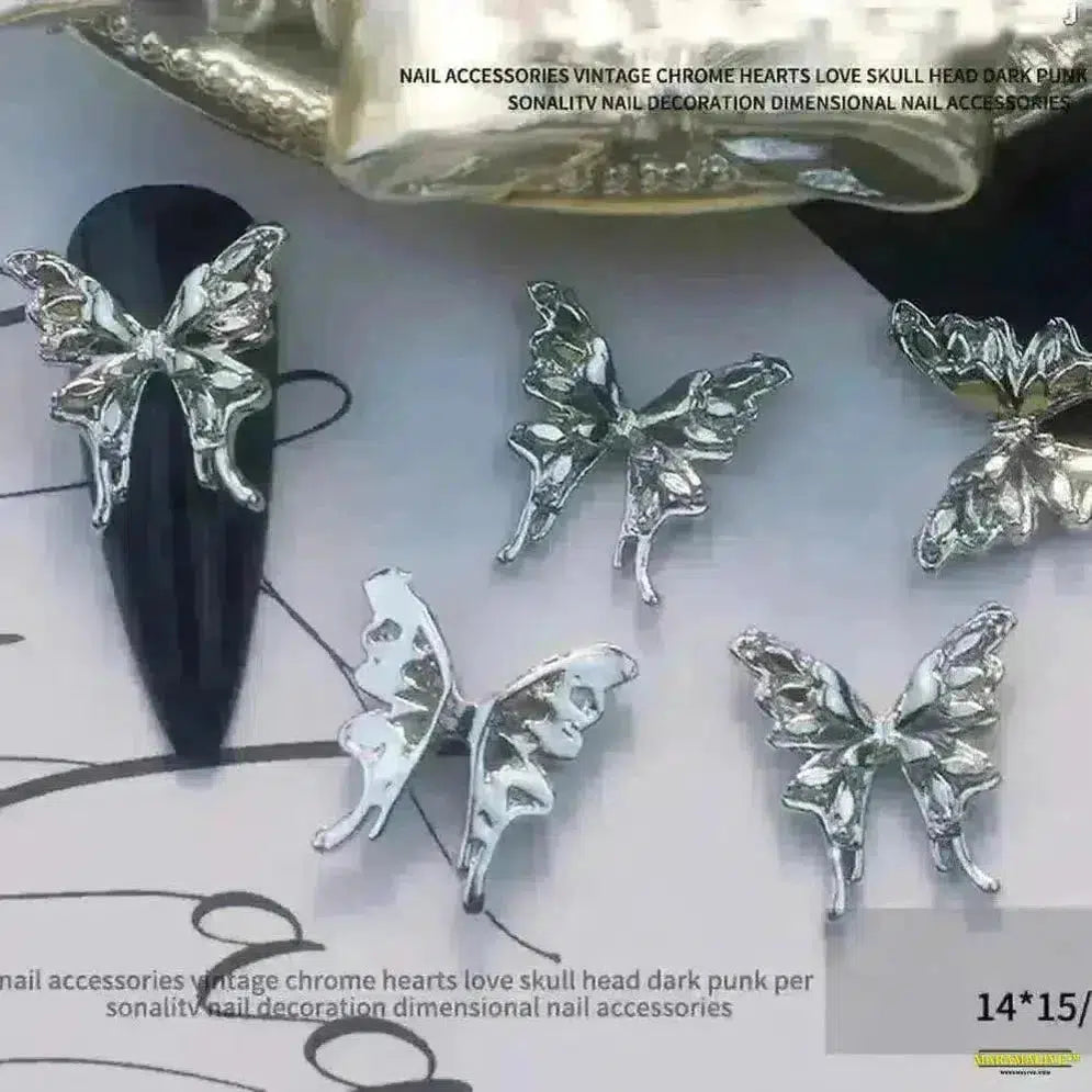 Gothic Punk-Style 10Pcs 3D Silver Alloy Nail Art Charms - Winged Butterfly, Moon & Rose Antique Nail Decorations