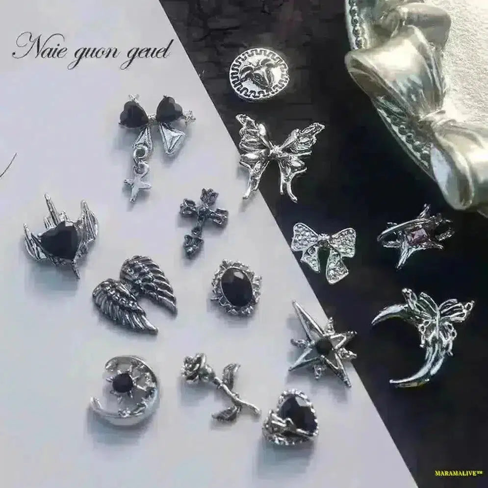 Gothic Punk-Style 10Pcs 3D Silver Alloy Nail Art Charms - Winged Butterfly, Moon & Rose Antique Nail Decorations