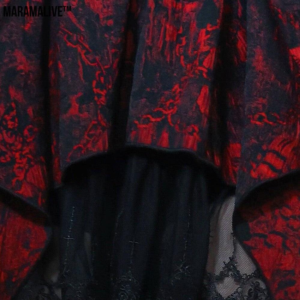 Gothic Red And Black Embossed Jacquard Lace Embroidered Top