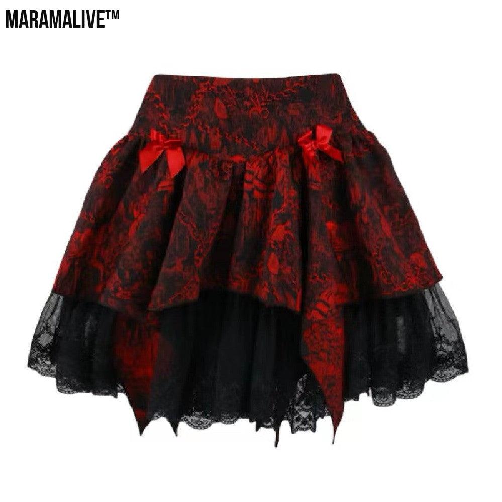 Gothic Red And Black Embossed Jacquard Lace Embroidered Top