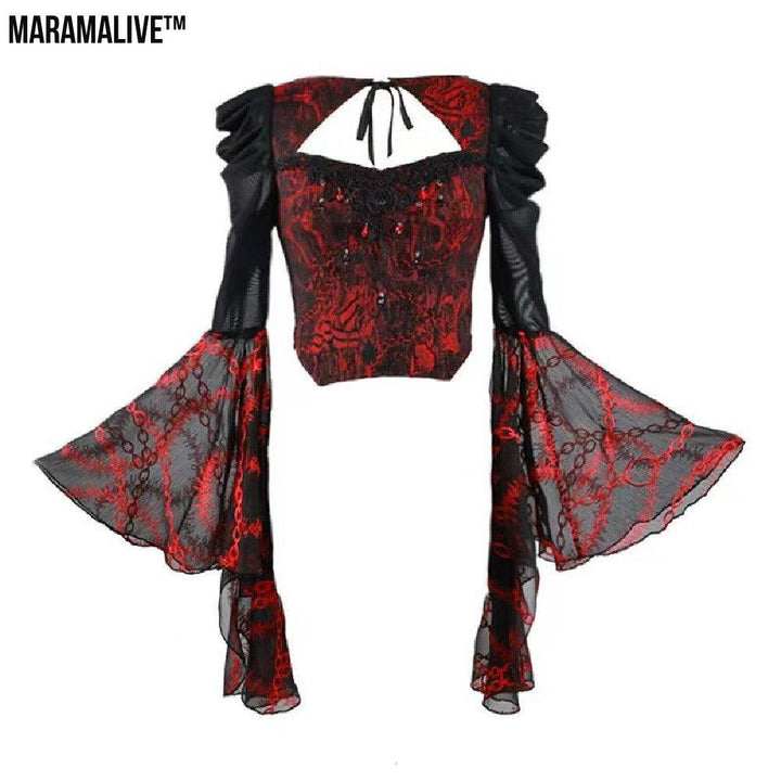 Gothic Red And Black Embossed Jacquard Lace Embroidered Top