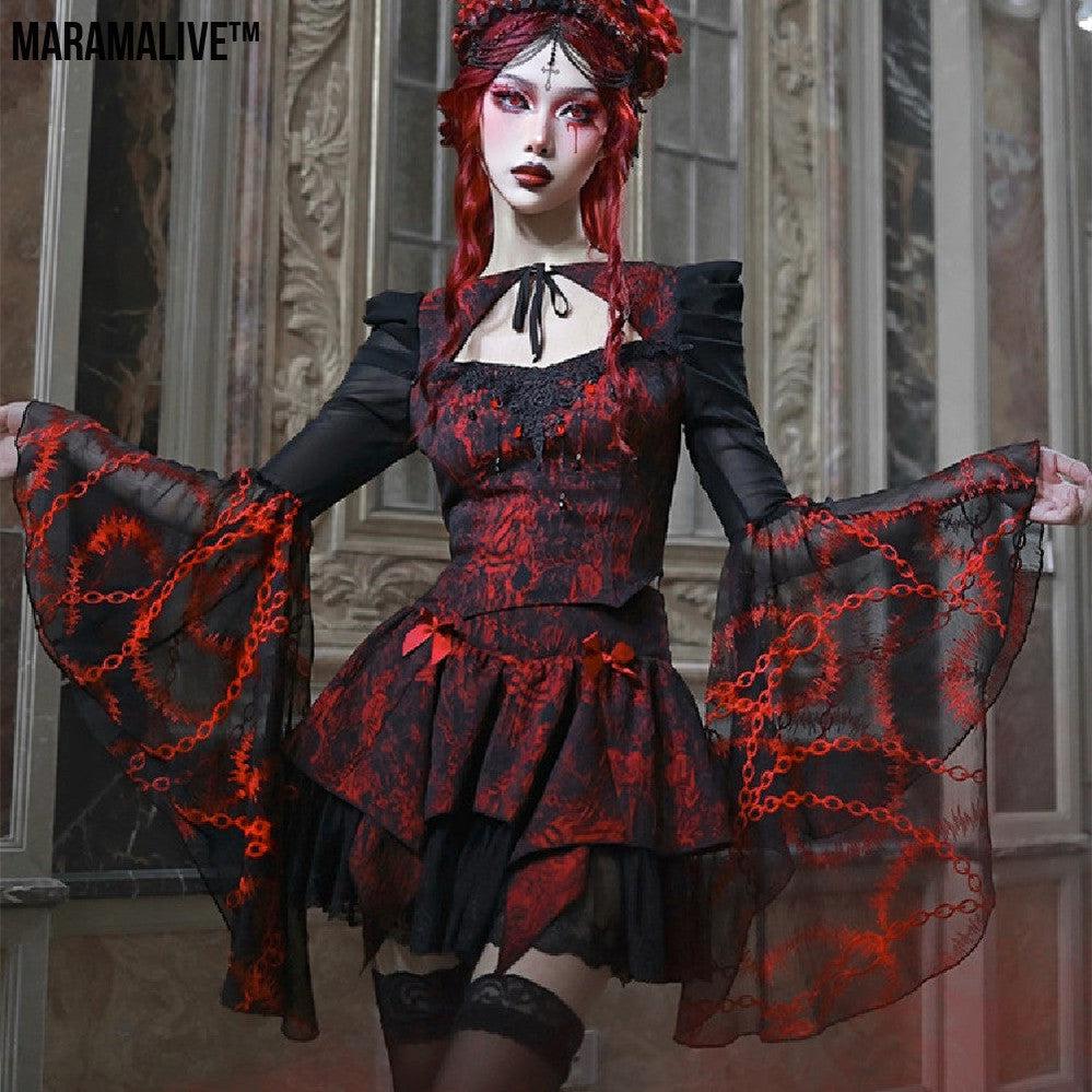 Gothic Red And Black Embossed Jacquard Lace Embroidered Top