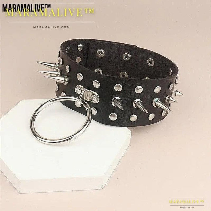 Gothic Rivet Spike Round Ring PU Leather Collar