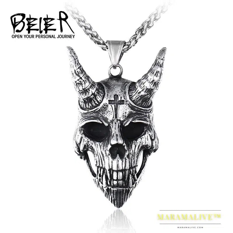 Gothic Satanic Devil Cross Stainless Steel Skull Pendant With cross Necklace Biker Style Jewelry for man