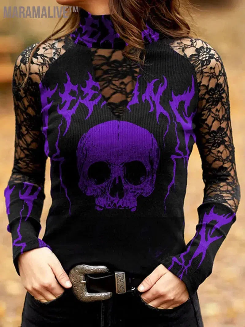 Gothic Skull Flower Tops Women Hollow Lace Long Sleeve Tee Sexy Girls Vintage Slim T Shirts