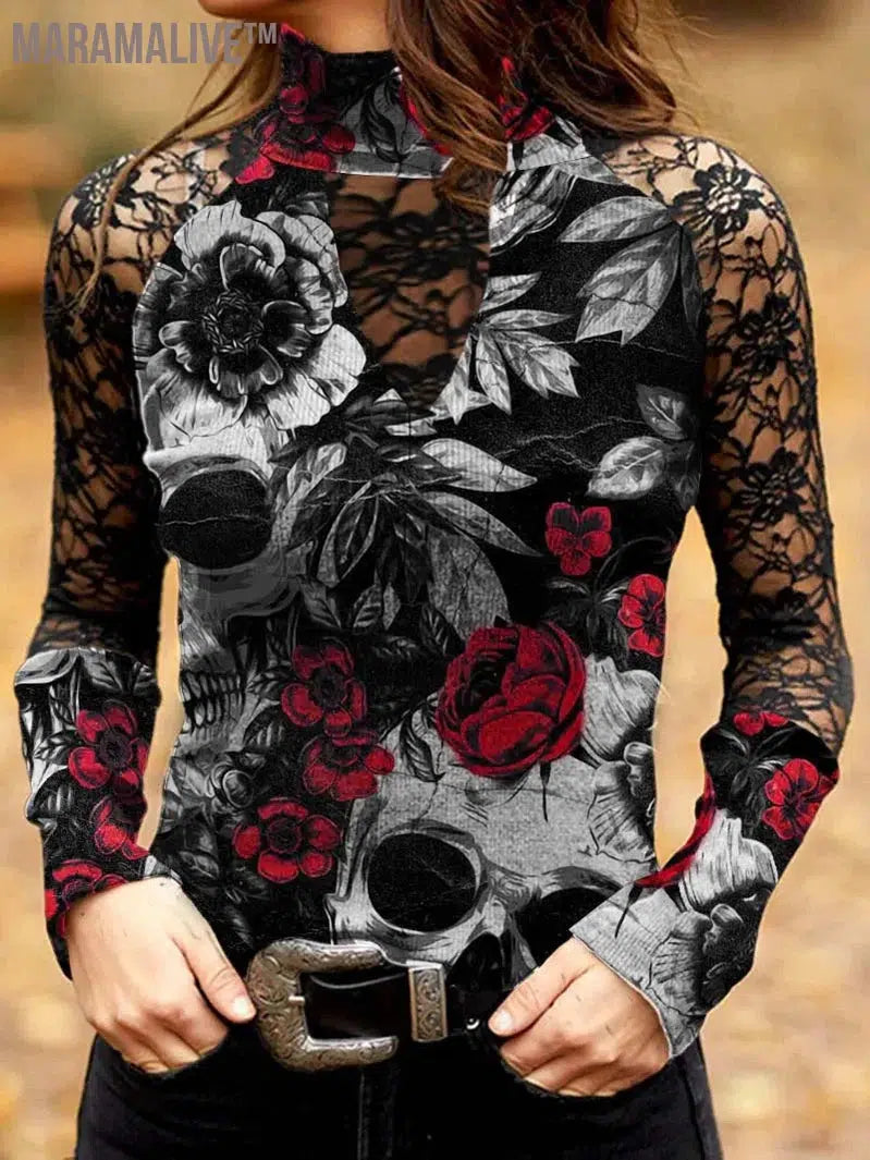 Gothic Skull Flower Tops Women Hollow Lace Long Sleeve Tee Sexy Girls Vintage Slim T Shirts