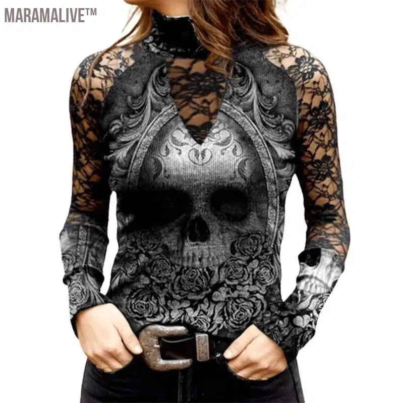 Gothic Skull Flower Tops Women Hollow Lace Long Sleeve Tee Sexy Girls Vintage Slim T Shirts