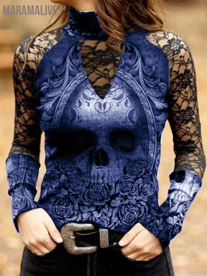 Gothic Skull Flower Tops Women Hollow Lace Long Sleeve Tee Sexy Girls Vintage Slim T Shirts