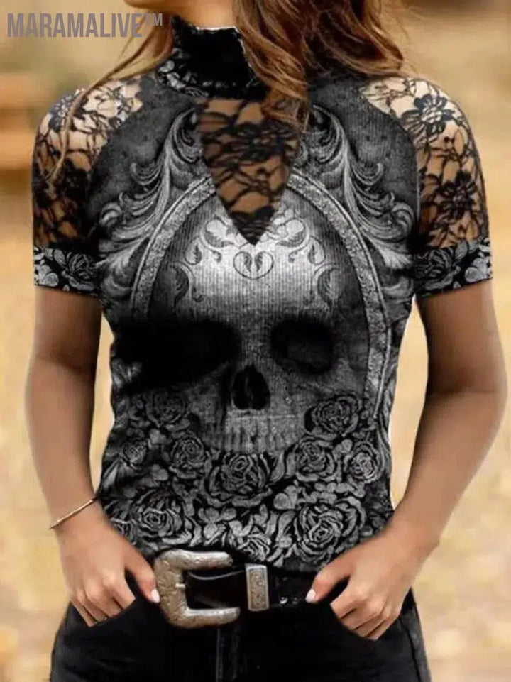 Gothic Skull Flower Tops Women Hollow Lace Long Sleeve Tee Sexy Girls Vintage Slim T Shirts