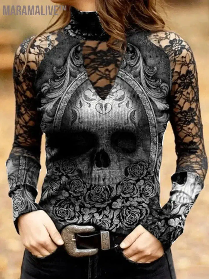 Gothic Skull Flower Tops Women Hollow Lace Long Sleeve Tee Sexy Girls Vintage Slim T Shirts