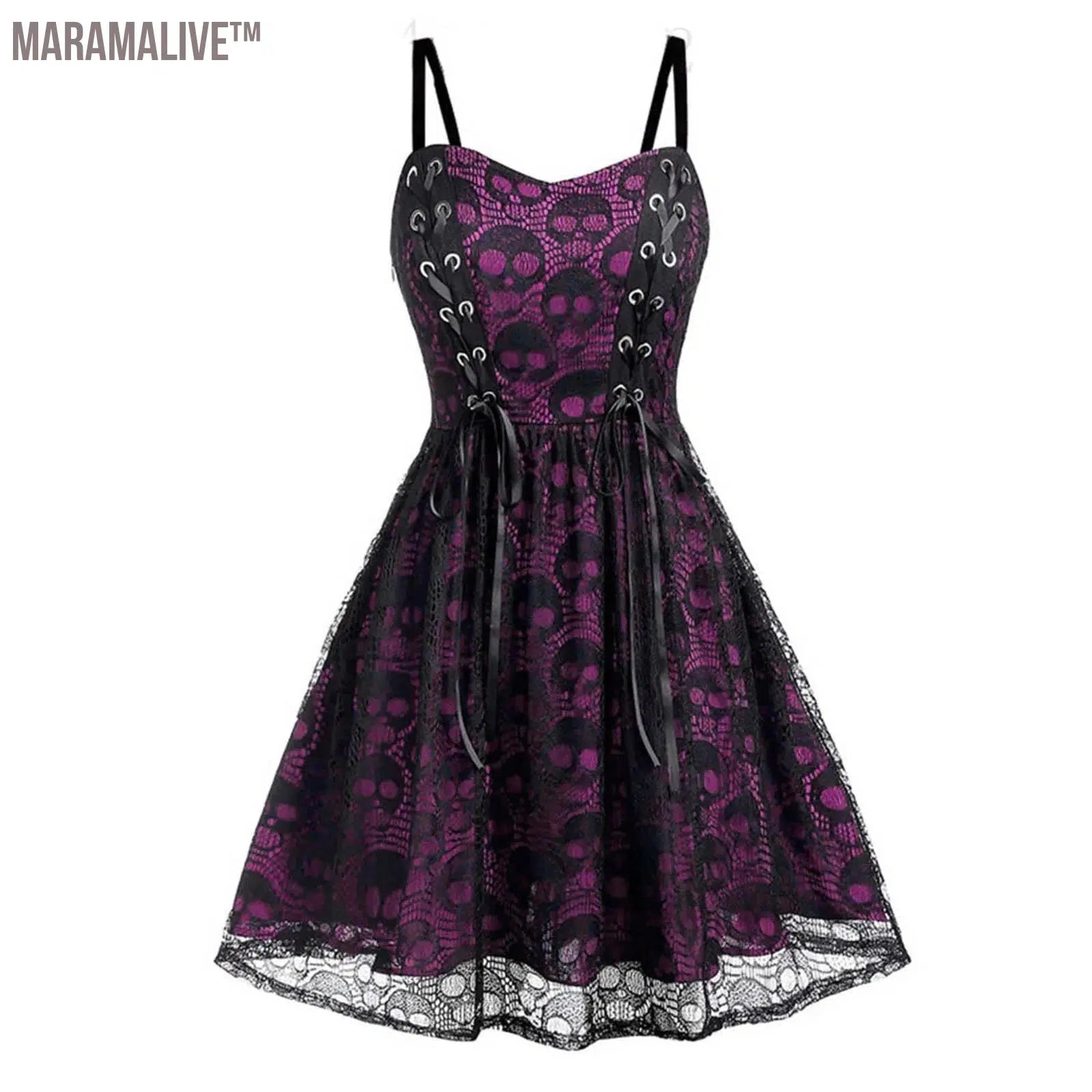 Gothic Skull Print Suspenders Dress Retro Mesh Drawstring Bnadage Sling Short Dress Hallowmas Sexy Waist Tie Pleated Vestidos