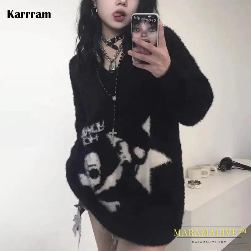 Gothic Skulls Sweater Grunge Dark Aesthetics Knitted Jumper V-neck Harajuku Loose Mohair Pullover Emo Alt Knitwear Y2k