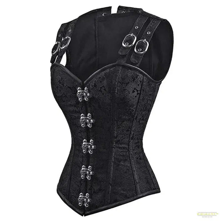 Gothic Steampunk Corset Tops with Shoulder Strap Women Goth Brocade Steel Boned Overbust Bustier Pirate Role Play Costume