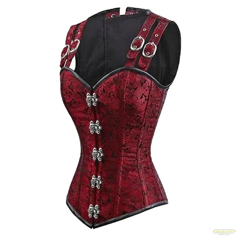 Gothic Steampunk Corset Tops with Shoulder Strap Women Goth Brocade Steel Boned Overbust Bustier Pirate Role Play Costume