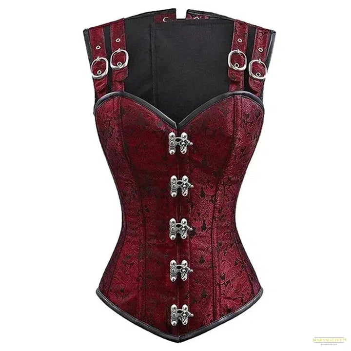 Gothic Steampunk Corset Tops with Shoulder Strap Women Goth Brocade Steel Boned Overbust Bustier Pirate Role Play Costume