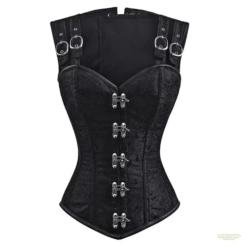 Gothic Steampunk Corset Tops with Shoulder Strap Women Goth Brocade Steel Boned Overbust Bustier Pirate Role Play Costume