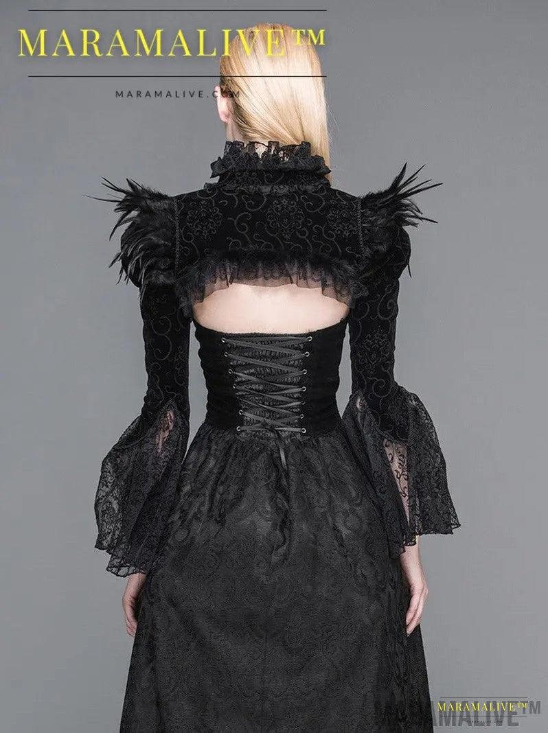 Gothic Steampunk Court Feather Shawl Short Stand Collar Lotus Sleeve Jacket Female