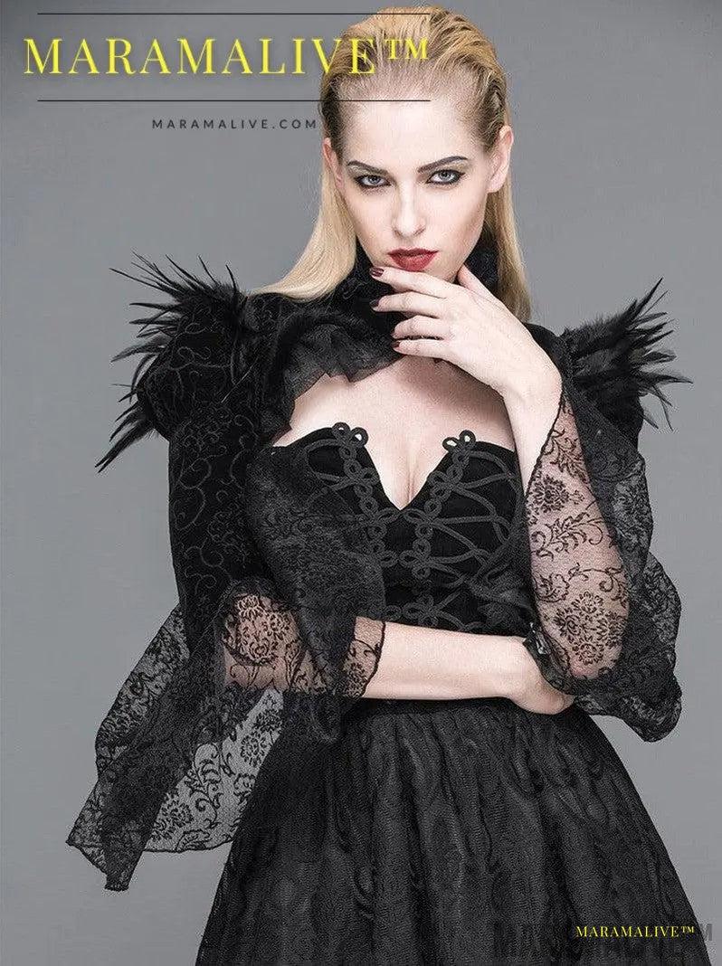 Gothic Steampunk Court Feather Shawl Short Stand Collar Lotus Sleeve Jacket Female