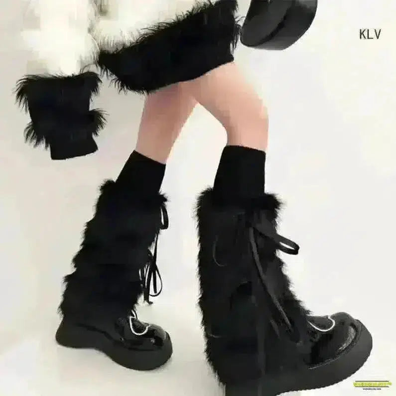 Gothic Style JK Girls Ribbon Bowknot Boot Cuffs - Winter Warm White Plush Boot Cover Harajuku Leg Warmers Long Socks