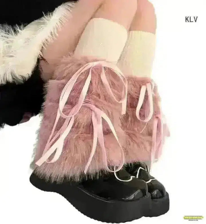 Gothic Style JK Girls Ribbon Bowknot Boot Cuffs - Winter Warm White Plush Boot Cover Harajuku Leg Warmers Long Socks