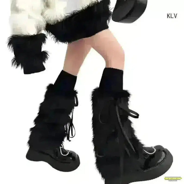 Gothic Style JK Girls Ribbon Bowknot Boot Cuffs - Winter Warm White Plush Boot Cover Harajuku Leg Warmers Long Socks