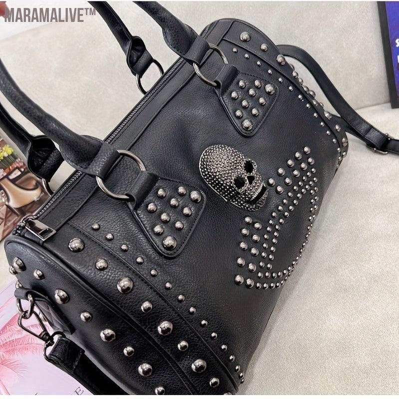 Gothic Style Skull Tote Bag, Steampunk Studded Decor Boston Bag, Trendy Top Handle Crossbody Bag