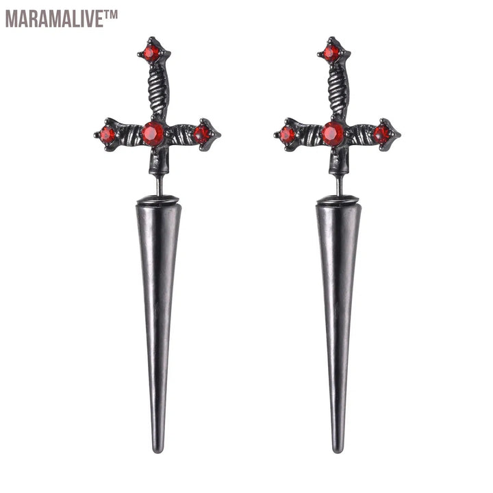 Gothic Sword Shaped Earrings for Men Boys,Metal Black Stone Cross Studs Earrings,Rock Punk Jewelry Anniversary Birthday Gifts