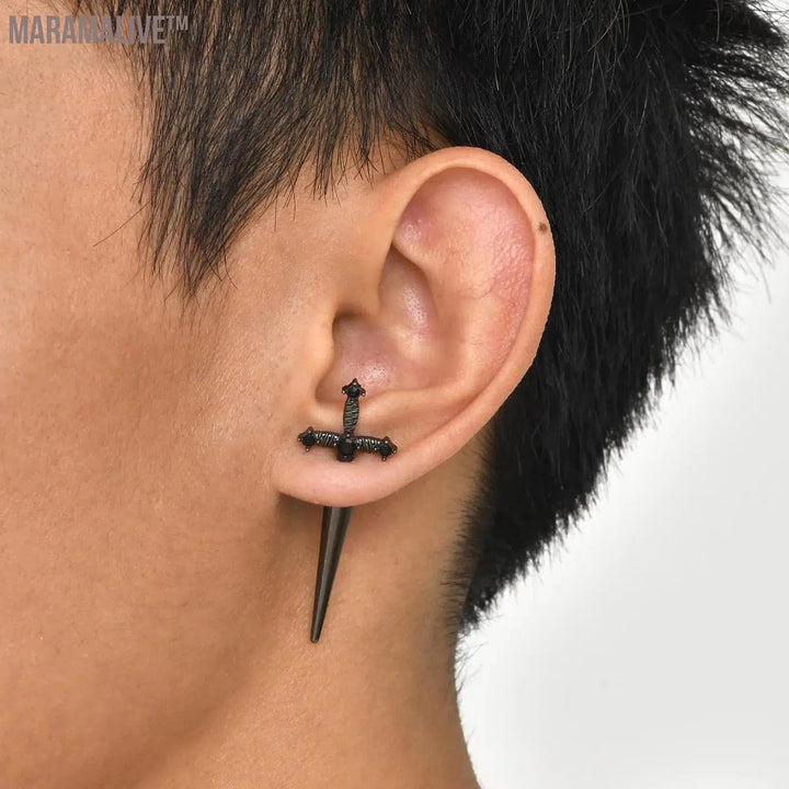 Gothic Sword Shaped Earrings for Men Boys,Metal Black Stone Cross Studs Earrings,Rock Punk Jewelry Anniversary Birthday Gifts