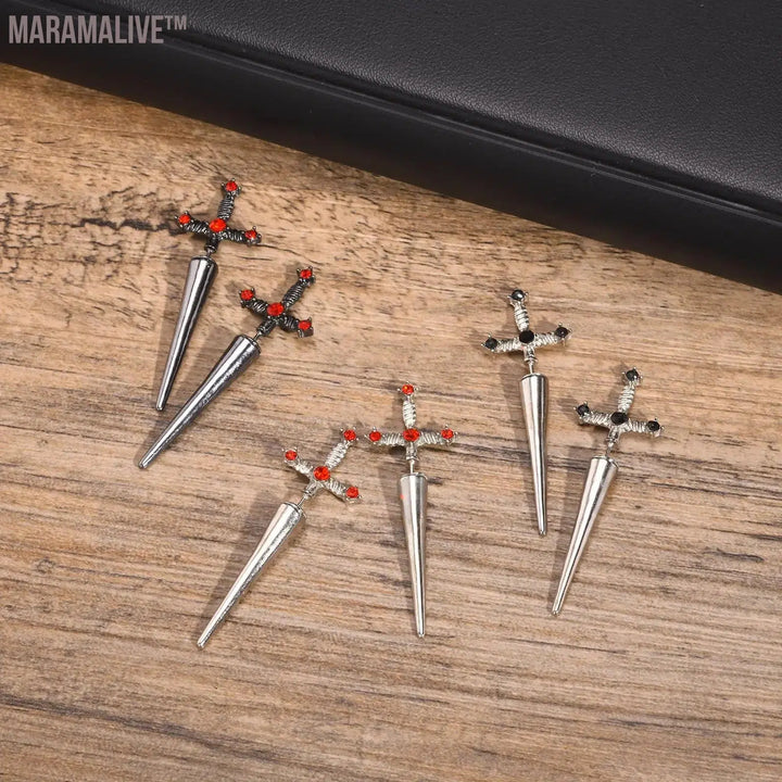 Gothic Sword Shaped Earrings for Men Boys,Metal Black Stone Cross Studs Earrings,Rock Punk Jewelry Anniversary Birthday Gifts