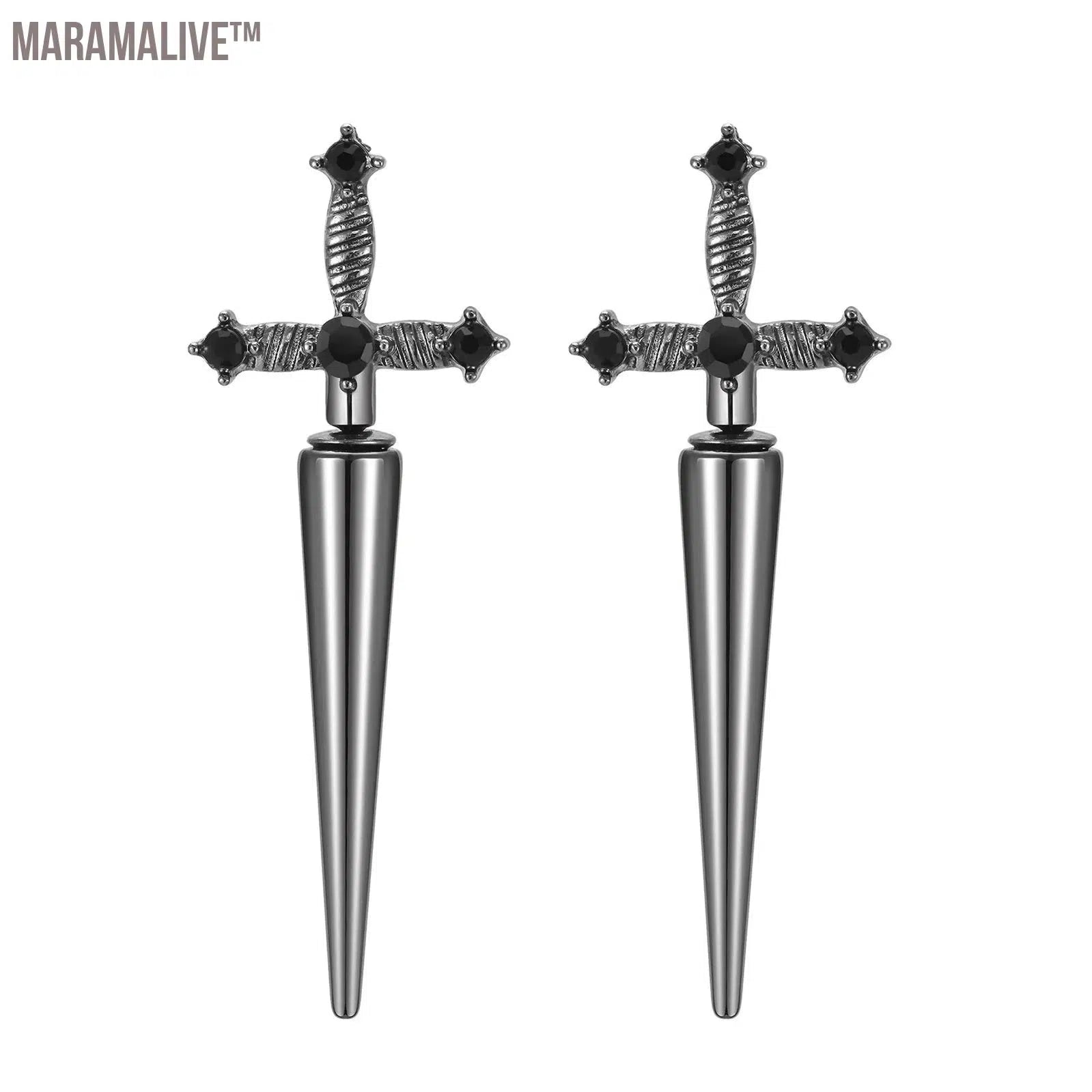 Gothic Sword Shaped Earrings for Men Boys,Metal Black Stone Cross Studs Earrings,Rock Punk Jewelry Anniversary Birthday Gifts