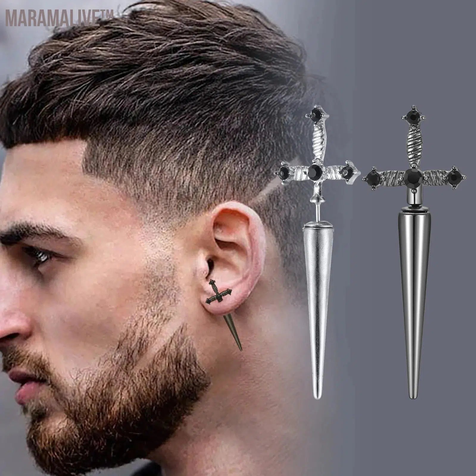 Gothic Sword Shaped Earrings for Men Boys,Metal Black Stone Cross Studs Earrings,Rock Punk Jewelry Anniversary Birthday Gifts