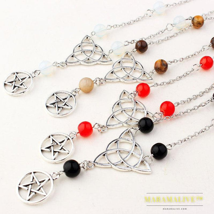 Gothic Witchcraft Pentagram Head Chain Magic Round Beads Stone