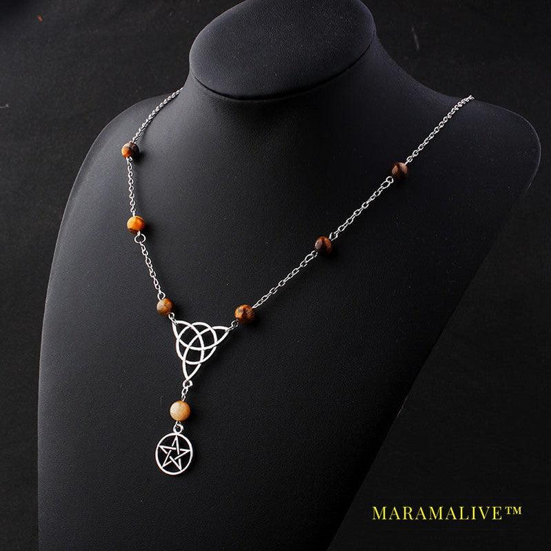 Gothic Witchcraft Pentagram Head Chain Magic Round Beads Stone