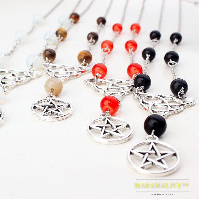 Gothic Witchcraft Pentagram Head Chain Magic Round Beads Stone