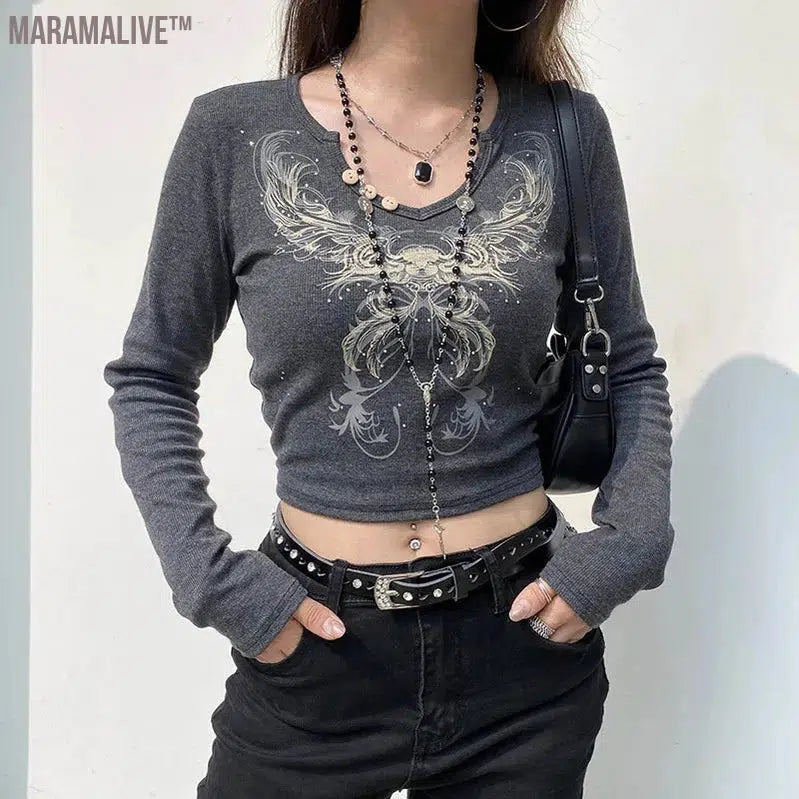 Gothic Y2K Tees Grunge Fairy Casual Party Women's Round Neck Tight Tops Vintage Heart Wings Print Long Sleeve Slim Fit Pullovers