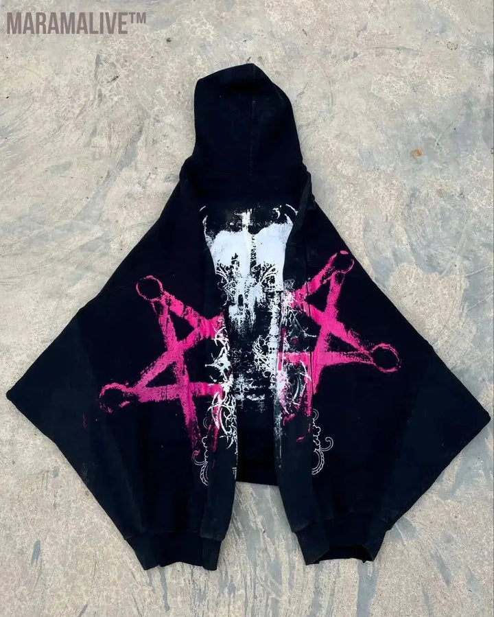 Gothic personality graffiti washed letter print casual hooded sweatshirt punk rock loose large size design couple pullover y2k