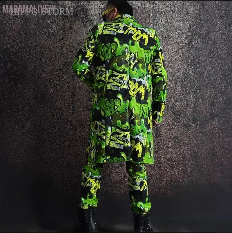 Green Graffiti Printed Hip Hop Long Suit Coat Pants Outfits Male Singer Bar Nightclub Hairdresser Party Club Dance Stage Set