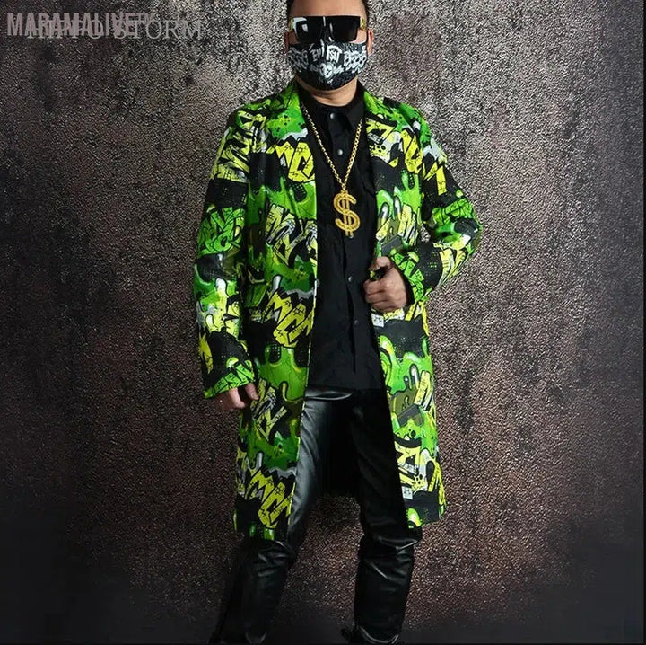 Green Graffiti Printed Hip Hop Long Suit Coat Pants Outfits Male Singer Bar Nightclub Hairdresser Party Club Dance Stage Set