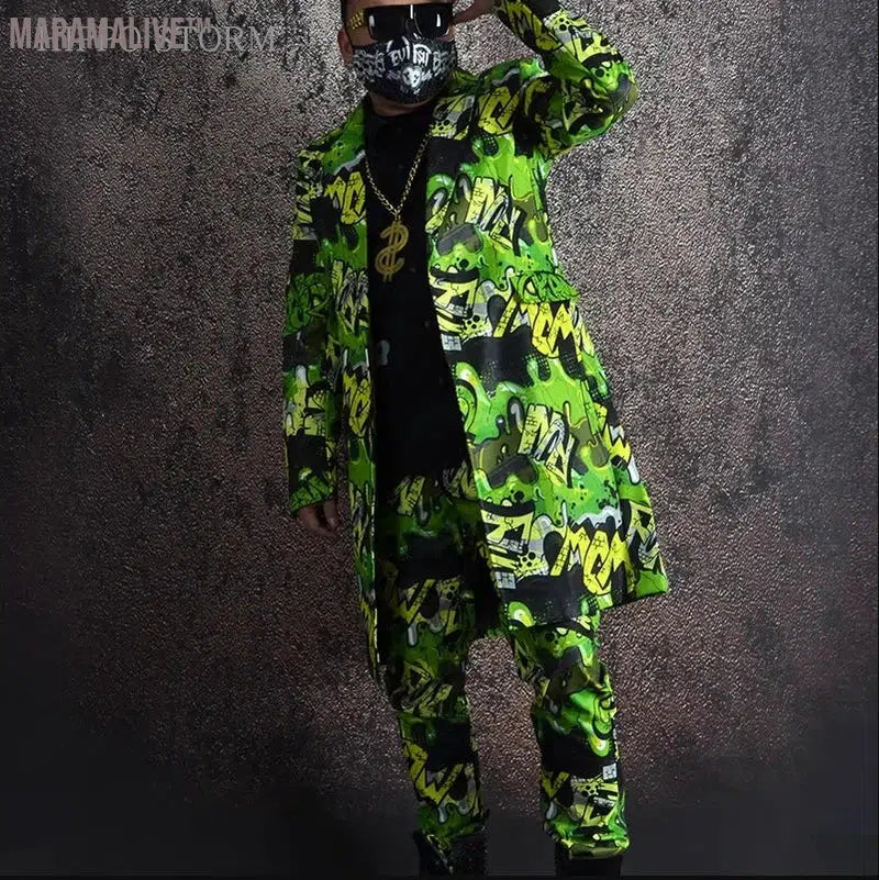 Green Graffiti Printed Hip Hop Long Suit Coat Pants Outfits Male Singer Bar Nightclub Hairdresser Party Club Dance Stage Set