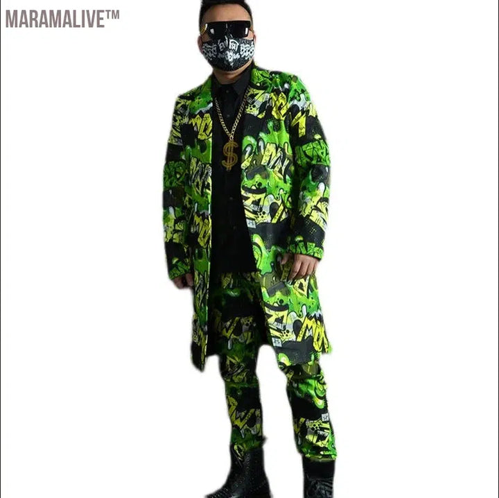 Green Graffiti Printed Hip Hop Long Suit Coat Pants Outfits Male Singer Bar Nightclub Hairdresser Party Club Dance Stage Set