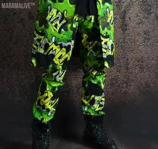 Green Graffiti Printed Hip Hop Long Suit Coat Pants Outfits Male Singer Bar Nightclub Hairdresser Party Club Dance Stage Set