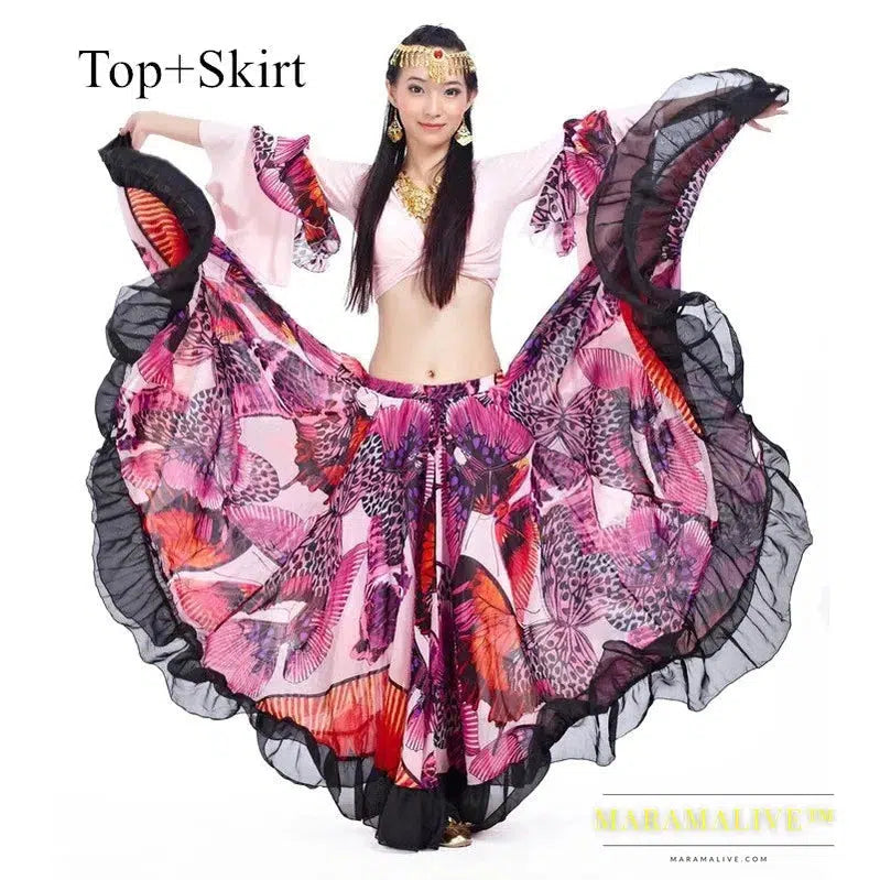 Gypsy Swing Skirt Chiffon Big Circle Belly Dance Costume Outfit Print Choli Top Wrap Blouse Horn Sleeve Dancer Performance Show