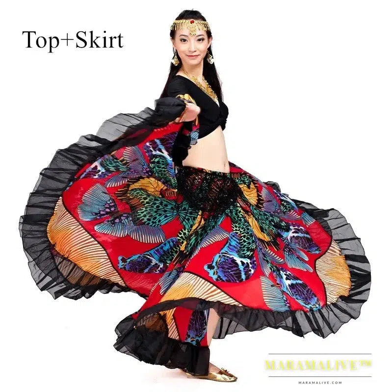 Gypsy Swing Skirt Chiffon Big Circle Belly Dance Costume Outfit Print Choli Top Wrap Blouse Horn Sleeve Dancer Performance Show